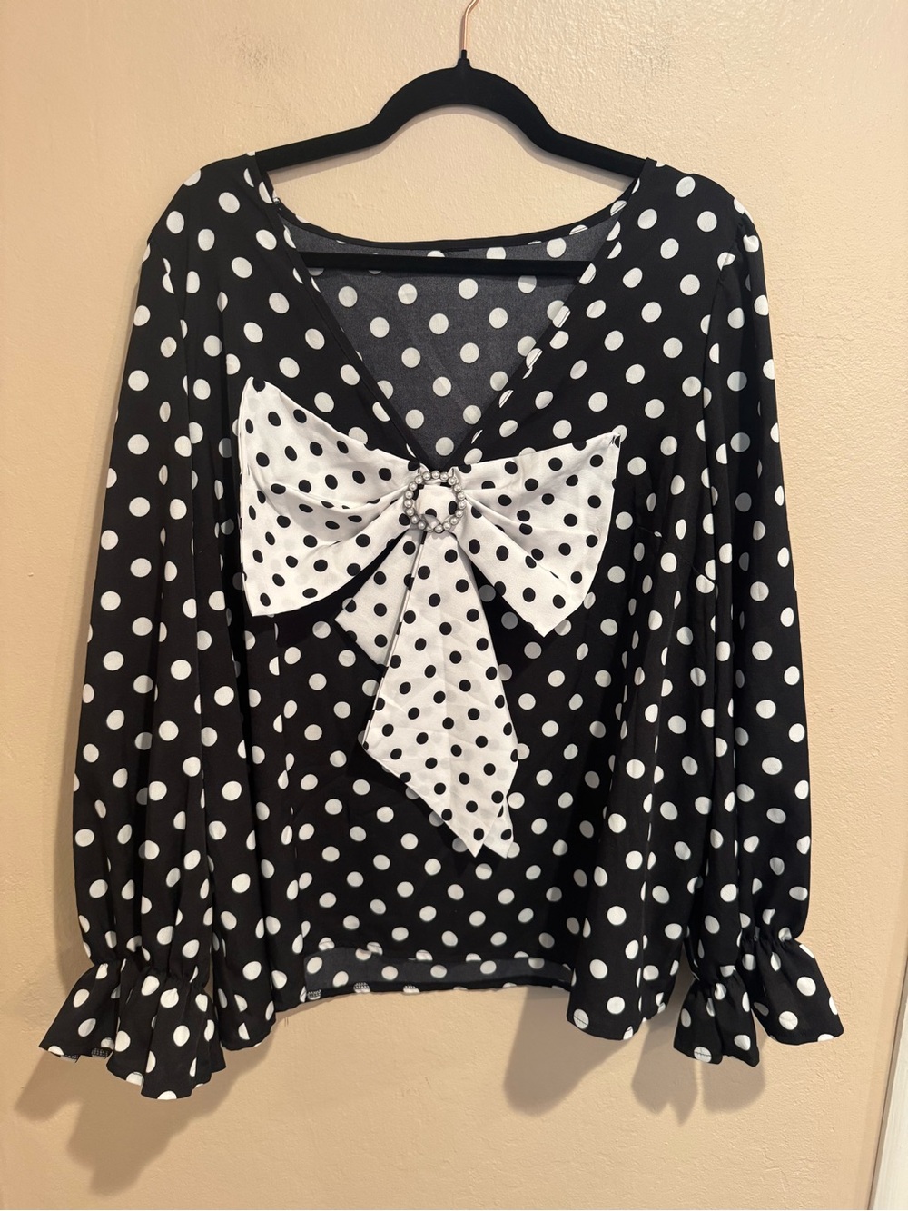 Elegant Plus Size Black & White Polka Dot Bow-Accent Long Ruffle Sleeve Blouse